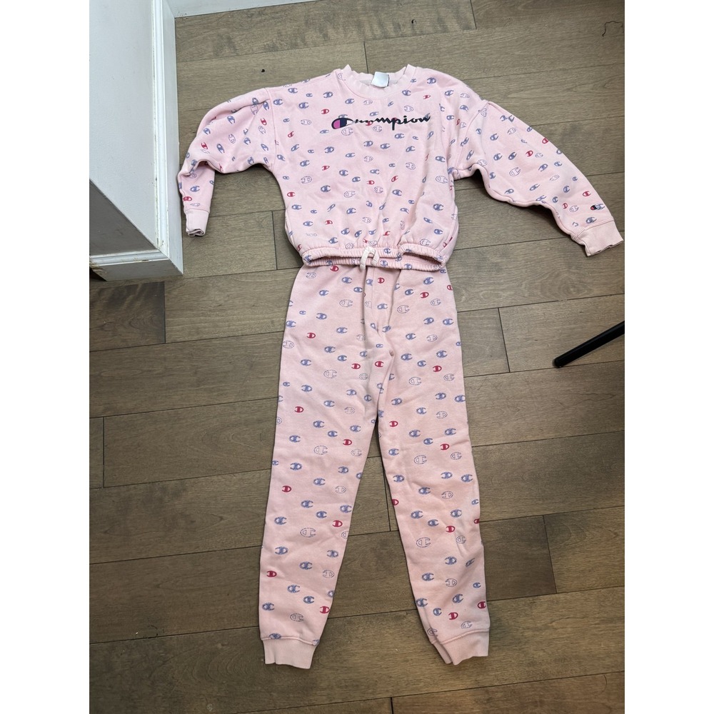 Champion Sweatshirt Jogger Set Youth Small 8 Pink Pullover Logo All Over Print
